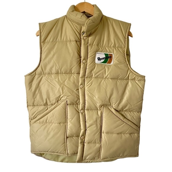 Vintage Puffer Vest Roundup Weed Tan Quilted Nylon 70s Fisherman Core Mens Small - Picture 1 of 9